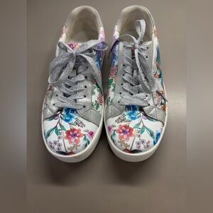 Johnny Was White Floral Lace-Up Sneakers with Silver Metallic Accents